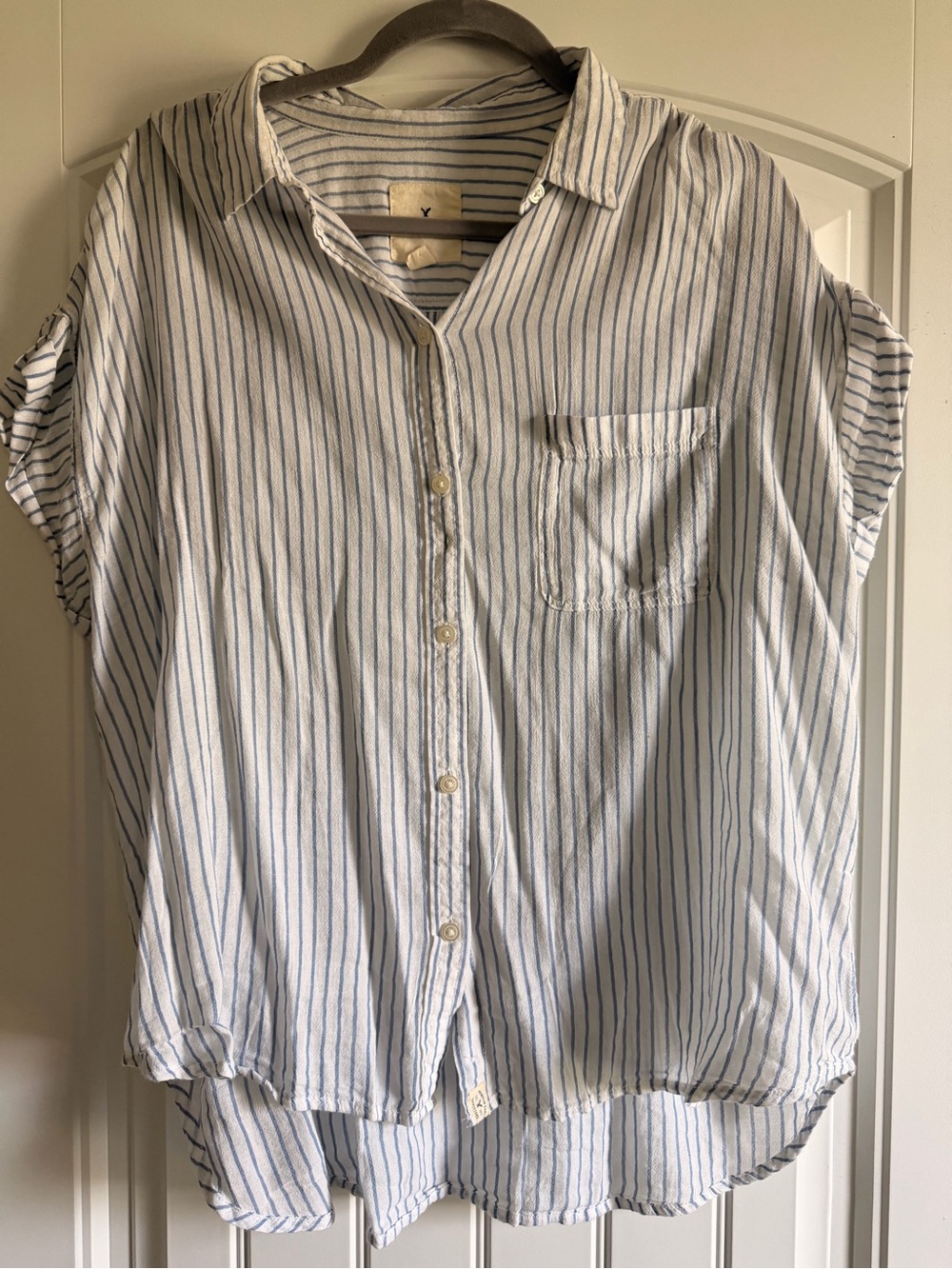American Eagle Outfitters White Shirt with Blue Pinstripes